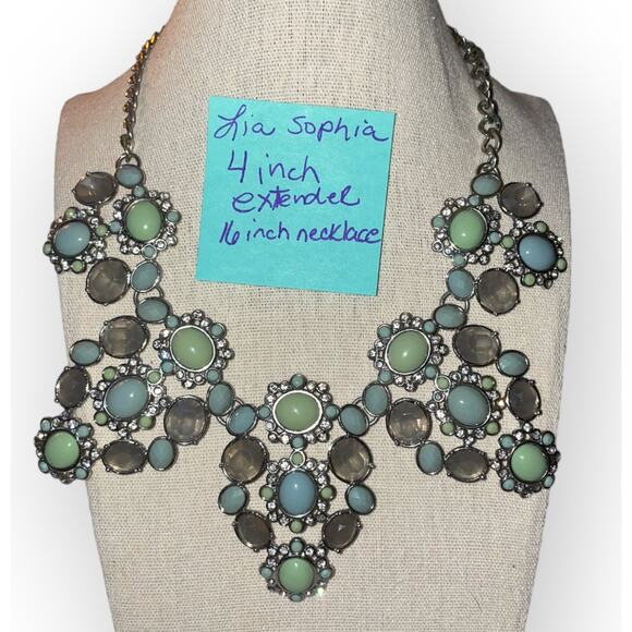 Lia Sophia Blue Green Statement Necklace Rhinestones 16” With 4” Extender - Picture 2 of 2